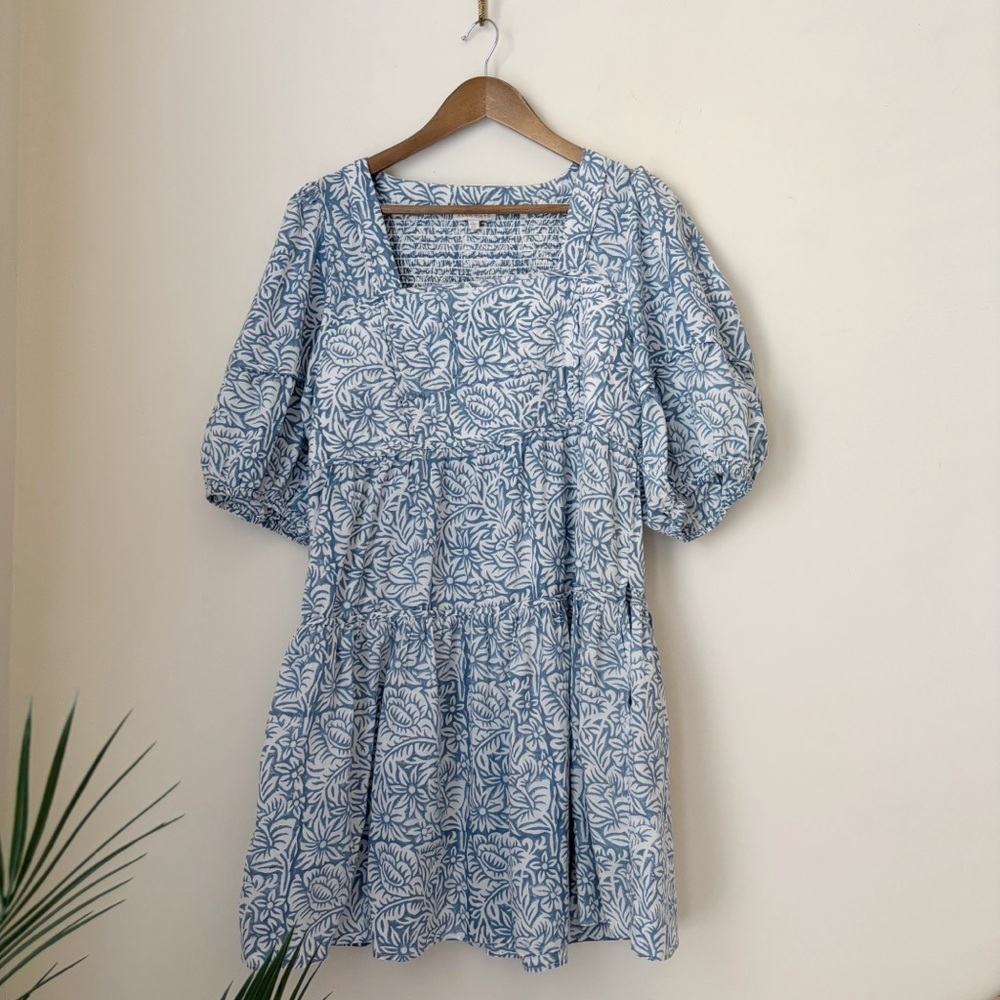 Anna Cate Blue Floral Square Neck Dress Large Coastal Boho